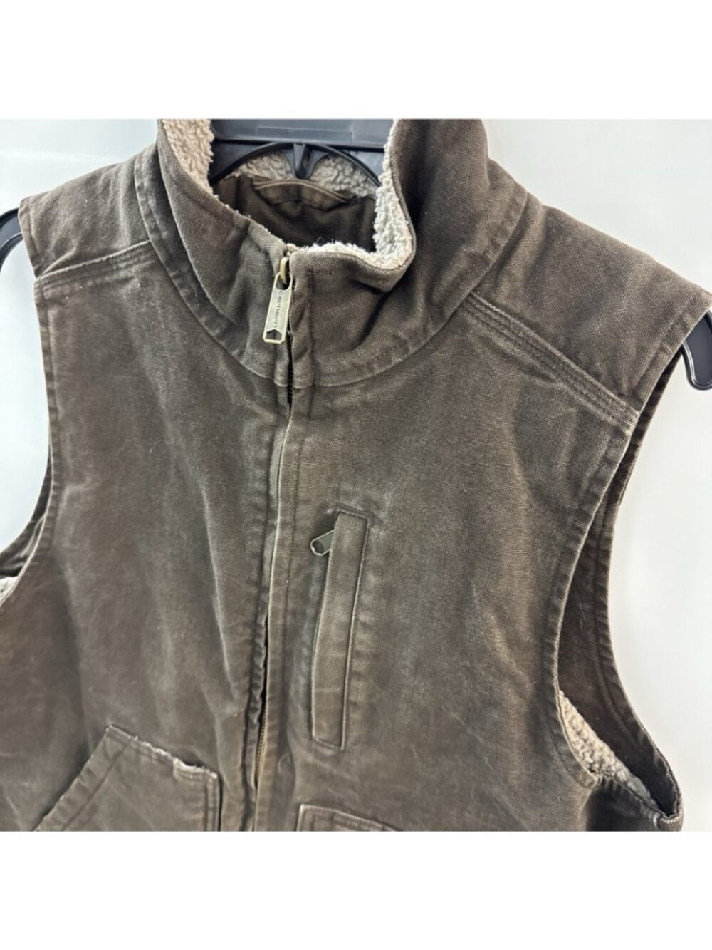 VTG Carhartt Brown Canvas Duck Sherpa Lined Vest Full Zip Size Small - Picture 3 of 9
